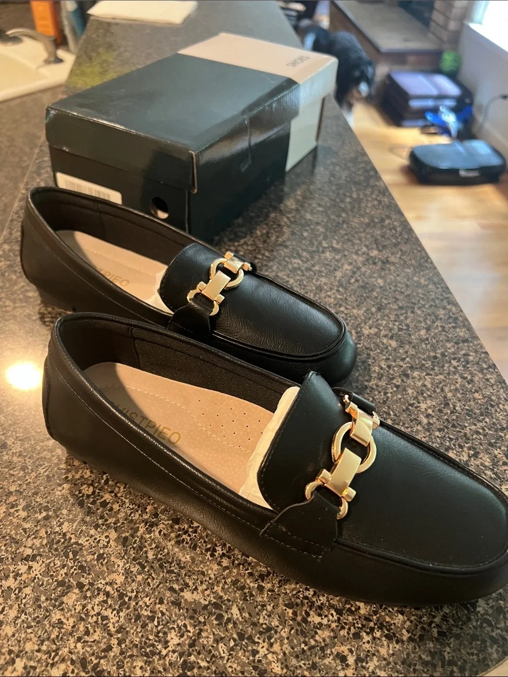 Black Loafers with Gold Chain Detail